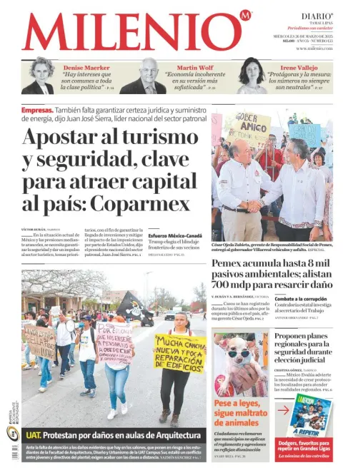 Portada de Milenio Tamaulipas del miércoles, 26 de marzo de 2025