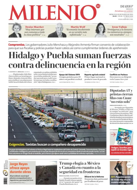 Portada de Milenio Hidalgo del miércoles, 26 de marzo de 2025