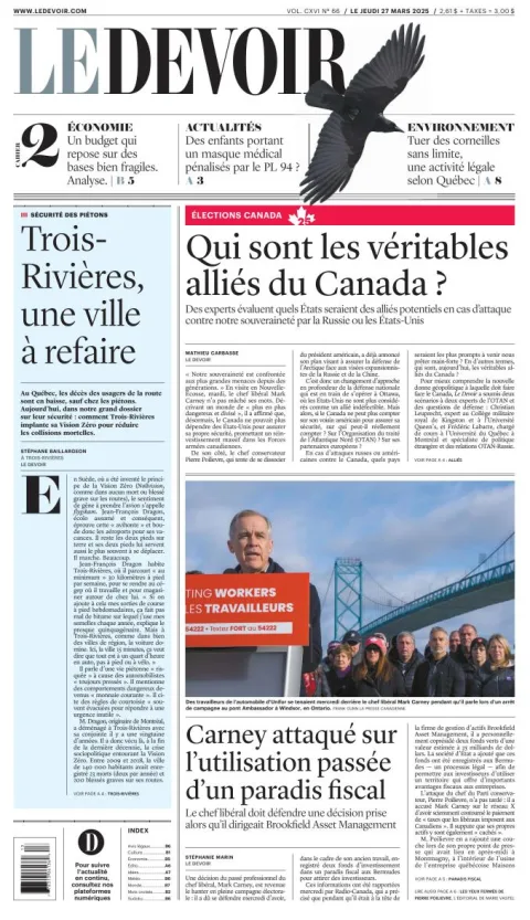 Portada de Le Devoir del jueves, 27 de marzo de 2025