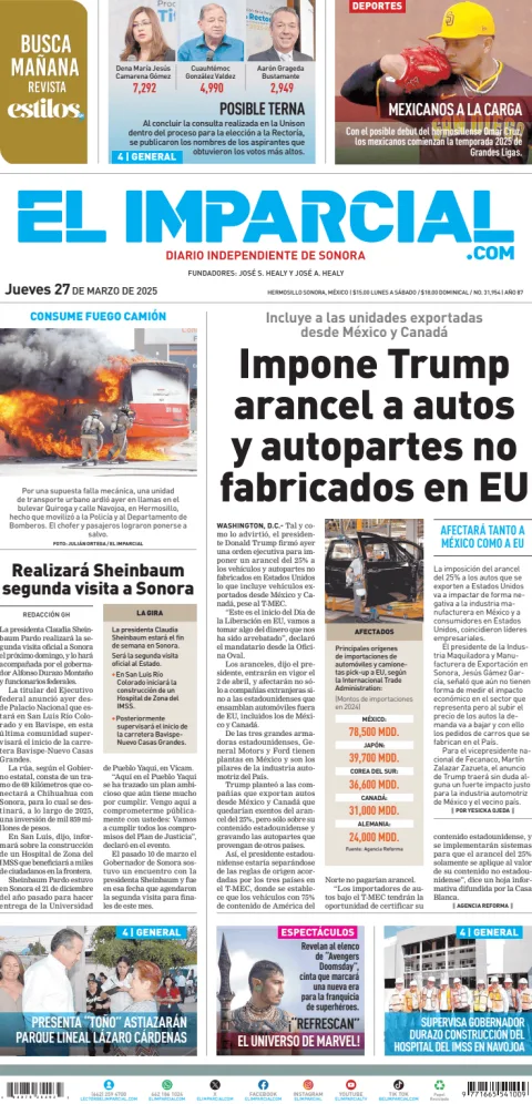 Portada de El Imparcial del jueves, 27 de marzo de 2025