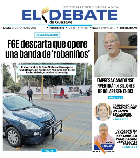Portada de El Debate de Guasave del jueves, 27 de marzo de 2025