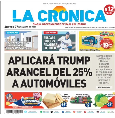 Portada de La Cronica del jueves, 27 de marzo de 2025