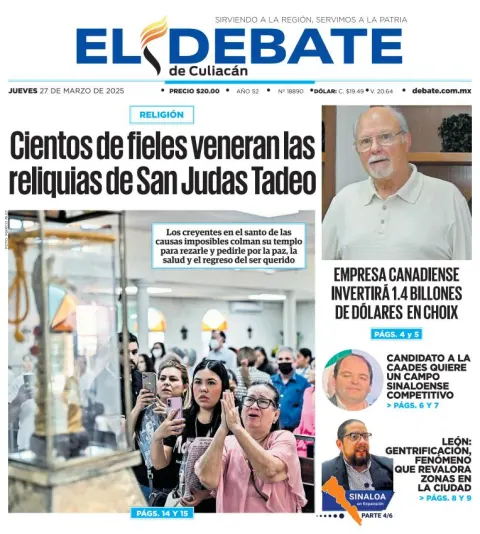 Portada de El Debate de Culiacan del jueves, 27 de marzo de 2025