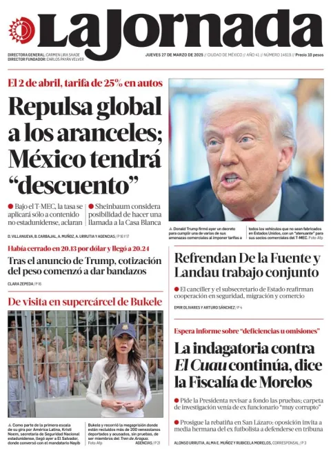 Portada de La Jornada del jueves, 27 de marzo de 2025