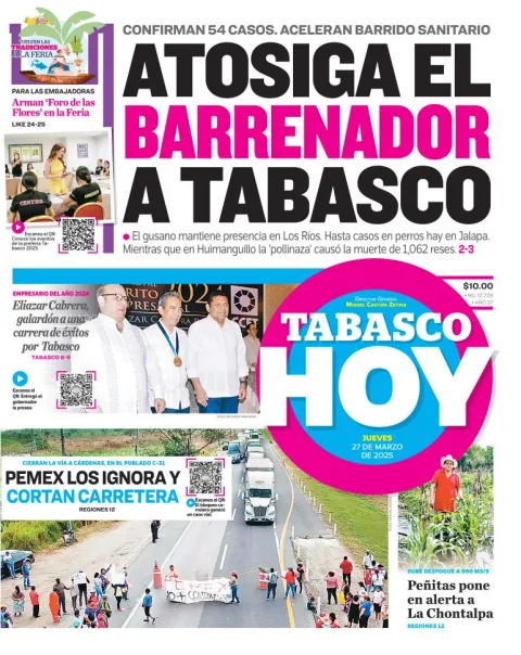 Portada de Tabasco Hoy del jueves, 27 de marzo de 2025