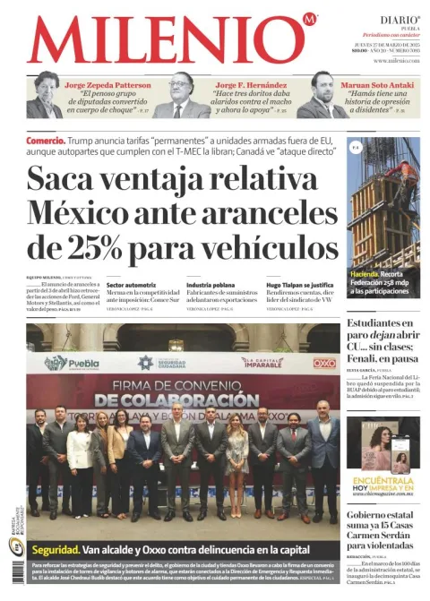 Portada de Milenio Puebla del jueves, 27 de marzo de 2025