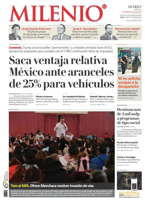 Portada de Milenio Hidalgo del jueves, 27 de marzo de 2025