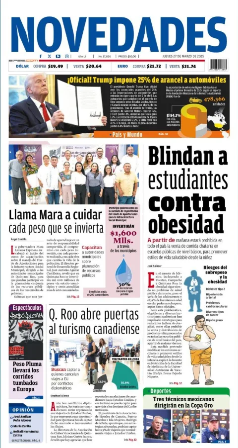 Portada de Novedades Quintana Roo del jueves, 27 de marzo de 2025