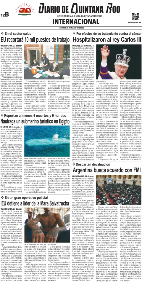 Portada de Diario de Quintana Roo (contra Portada) del viernes, 28 de marzo de 2025