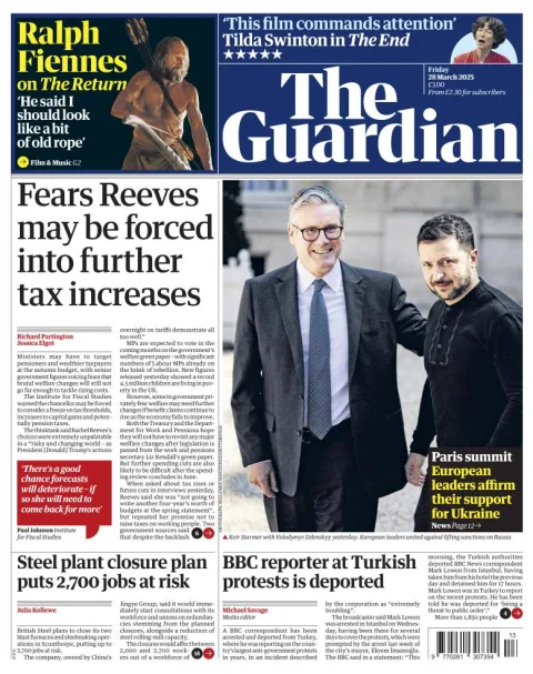 Portada de The Guardian (reino Unido) del viernes, 28 de marzo de 2025