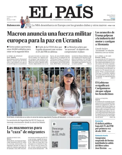 Portada de El Pais del viernes, 28 de marzo de 2025