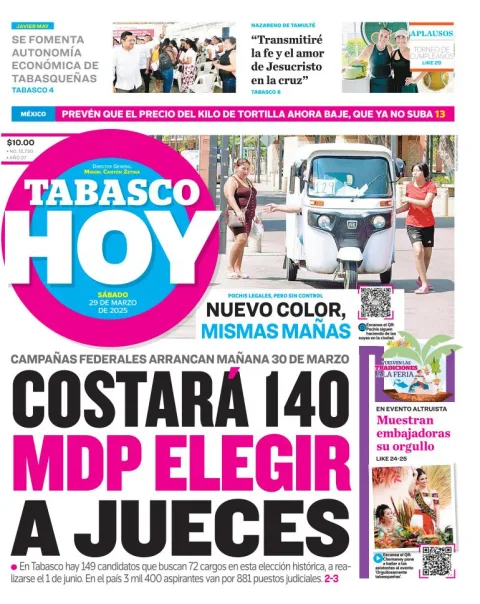 Portada de Tabasco Hoy del sábado, 29 de marzo de 2025