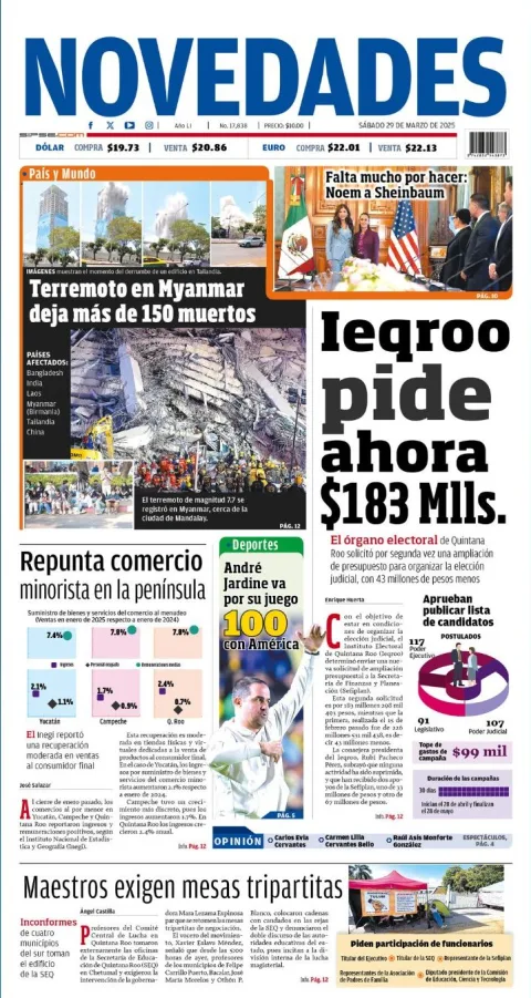 Portada de Novedades Quintana Roo del sábado, 29 de marzo de 2025