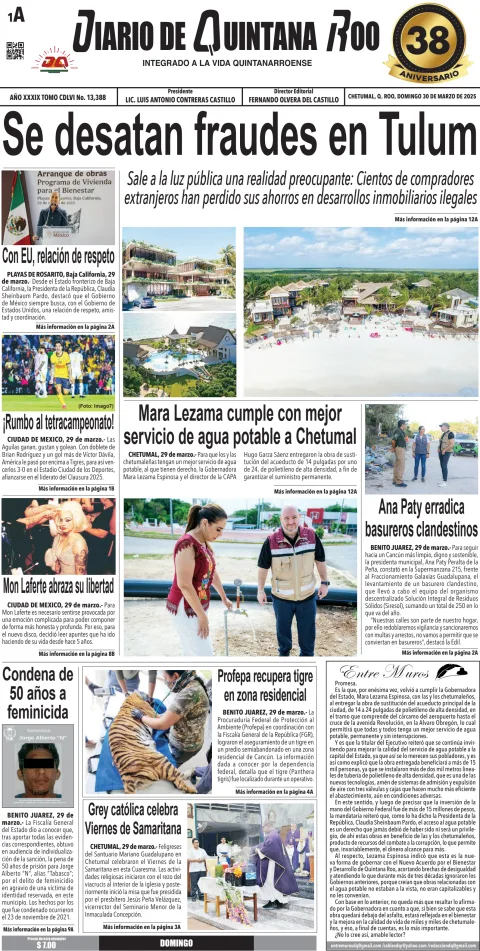 Portada de Diario de Quintana Roo (portada) del domingo, 30 de marzo de 2025