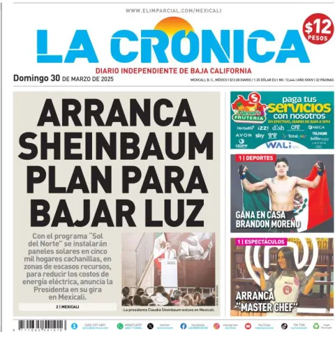 Portada de La Cronica del domingo, 30 de marzo de 2025