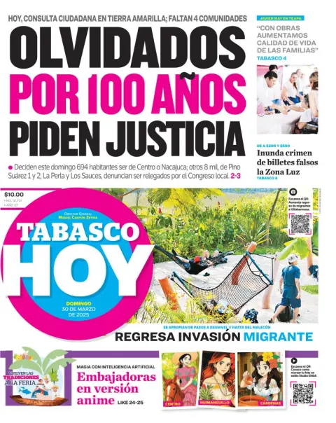 Portada de Tabasco Hoy del domingo, 30 de marzo de 2025