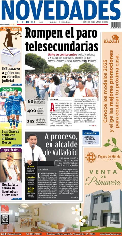 Portada de Novedades Quintana Roo del domingo, 30 de marzo de 2025