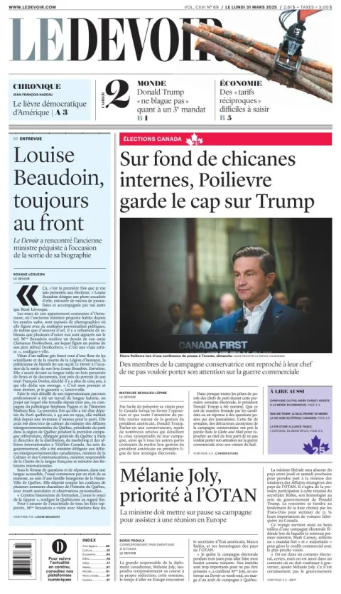 Portada de Le Devoir del lunes, 31 de marzo de 2025