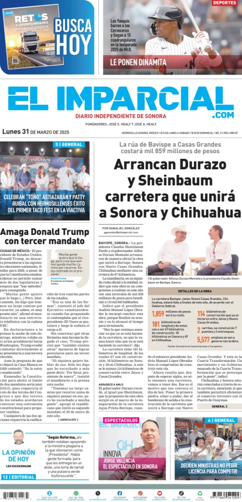 Portada de El Imparcial del lunes, 31 de marzo de 2025