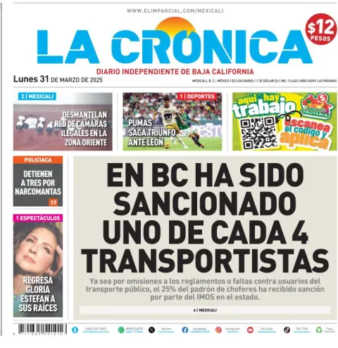 Portada de La Cronica del lunes, 31 de marzo de 2025