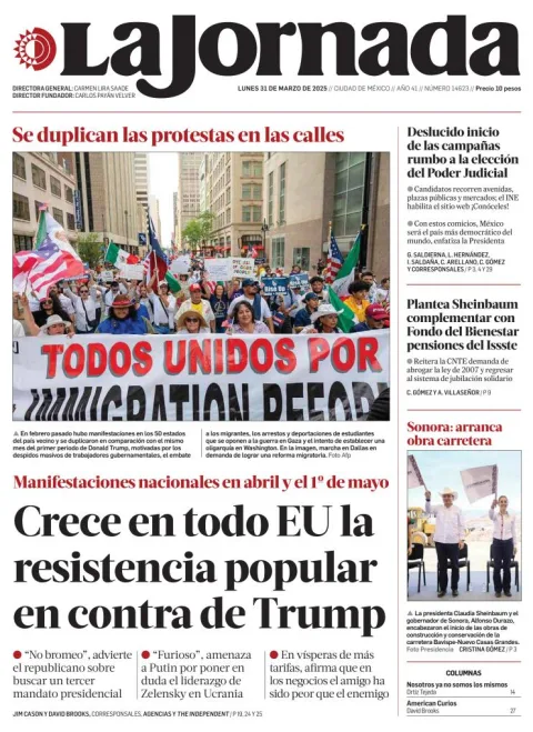 Portada de La Jornada del lunes, 31 de marzo de 2025