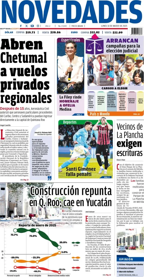 Portada de Novedades Quintana Roo del lunes, 31 de marzo de 2025