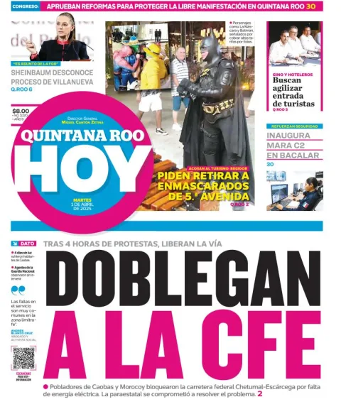 Portada de Quintana Roo Hoy del martes, 1 de abril de 2025