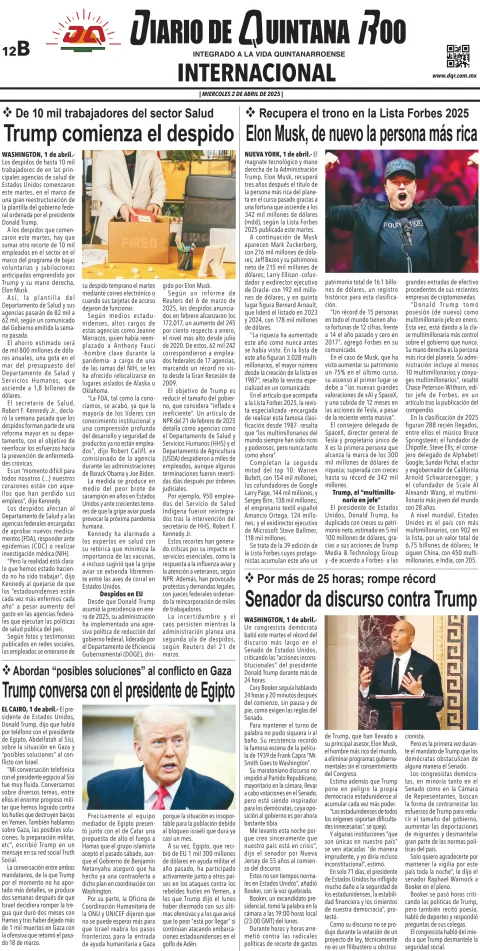 Portada de Diario de Quintana Roo (contra Portada)