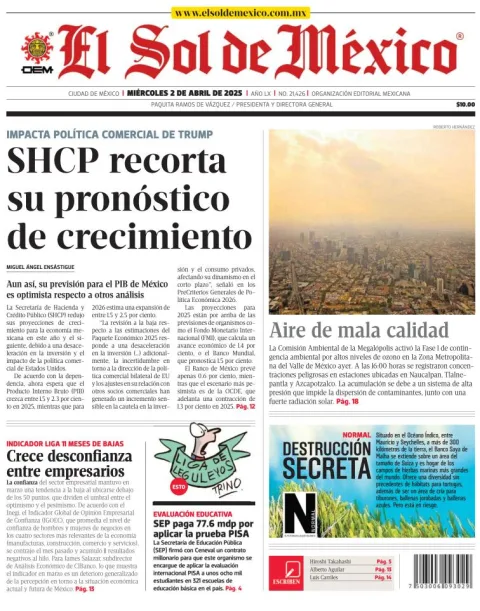 Portada de El Sol de Mexico del miércoles, 2 de abril de 2025