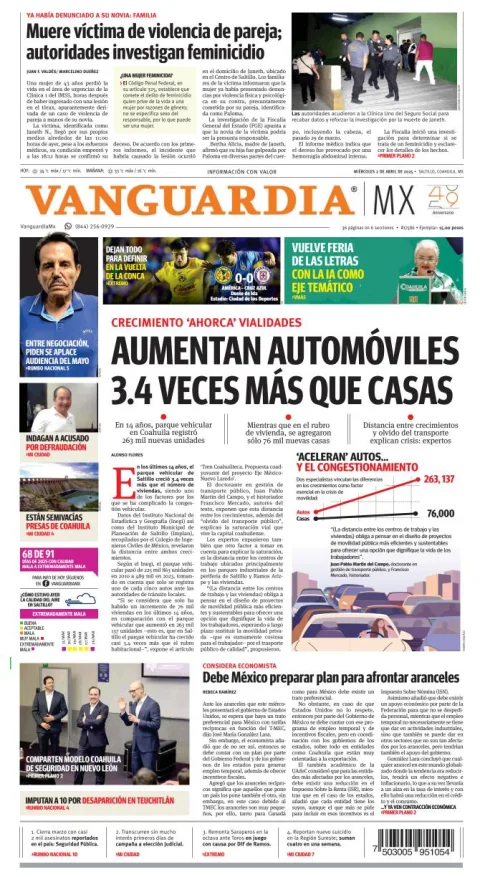 Portada de Vanguardia del miércoles, 2 de abril de 2025