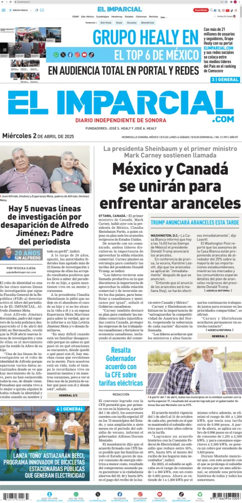 Portada de El Imparcial del miércoles, 2 de abril de 2025