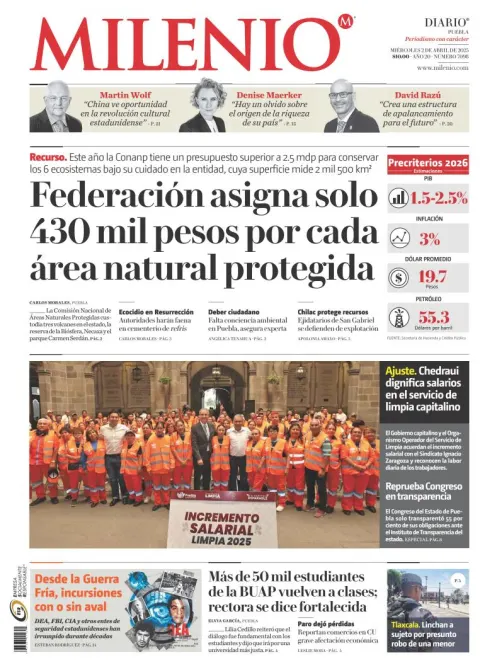 Portada de Milenio Puebla del miércoles, 2 de abril de 2025