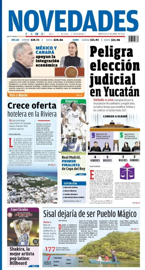 Portada de Novedades Quintana Roo del miércoles, 2 de abril de 2025