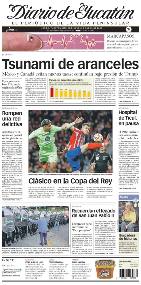 Portada de Diario de Yucatán del jueves, 3 de abril de 2025