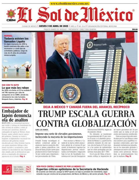 Portada de El Sol de Mexico del jueves, 3 de abril de 2025