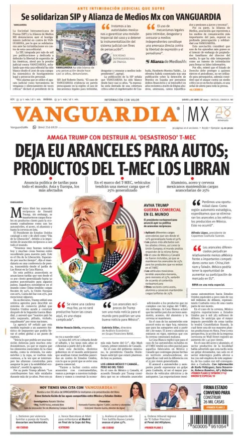 Portada de Vanguardia del jueves, 3 de abril de 2025