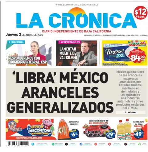 Portada de La Cronica del jueves, 3 de abril de 2025