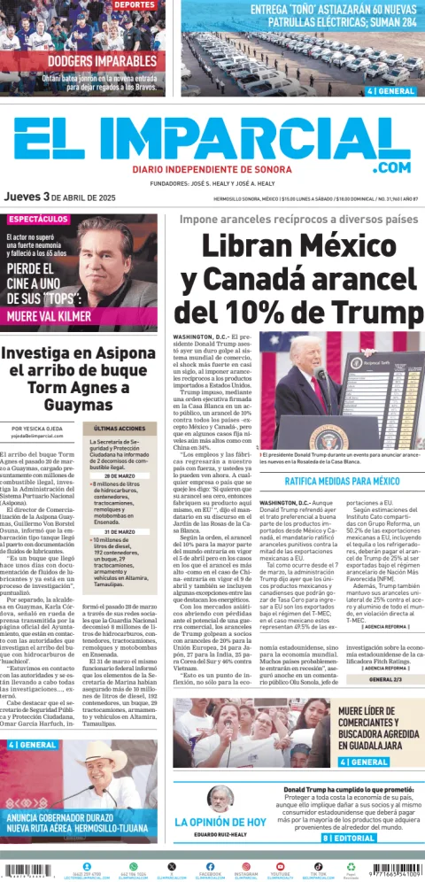 Portada de El Imparcial del jueves, 3 de abril de 2025