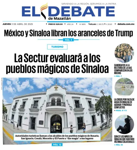 Portada de El Debate de Mazatlan del jueves, 3 de abril de 2025