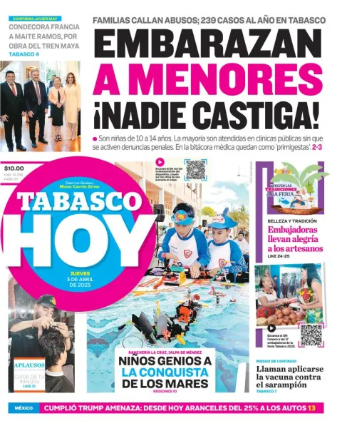 Portada de Tabasco Hoy del jueves, 3 de abril de 2025