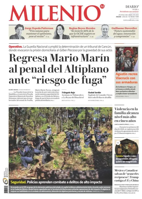 Portada de Milenio Puebla del jueves, 3 de abril de 2025
