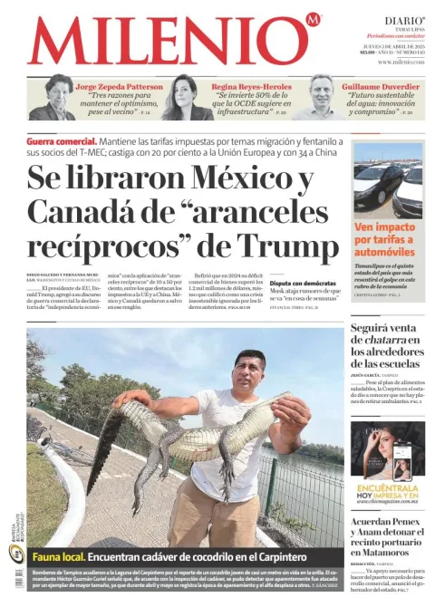 Portada de Milenio Tamaulipas del jueves, 3 de abril de 2025