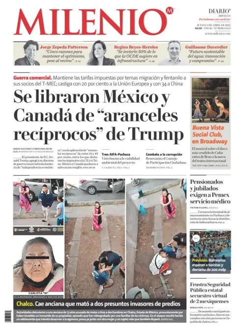 Portada de Milenio Hidalgo del jueves, 3 de abril de 2025