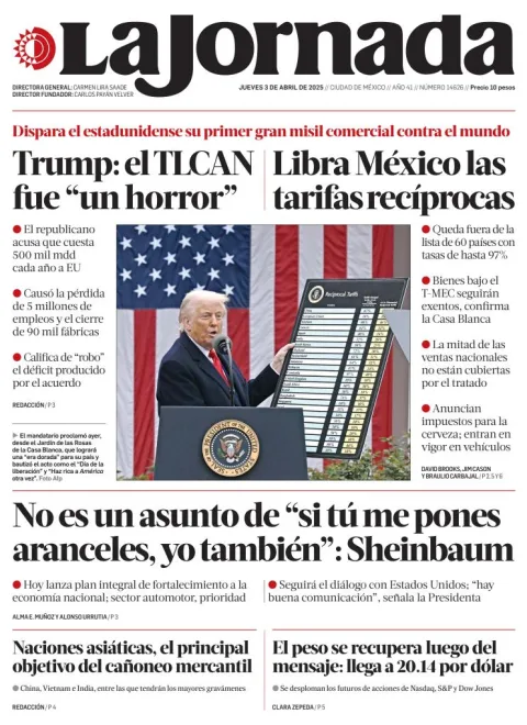 Portada de La Jornada del jueves, 3 de abril de 2025