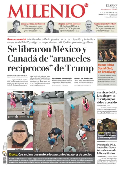 Portada de Milenio del jueves, 3 de abril de 2025