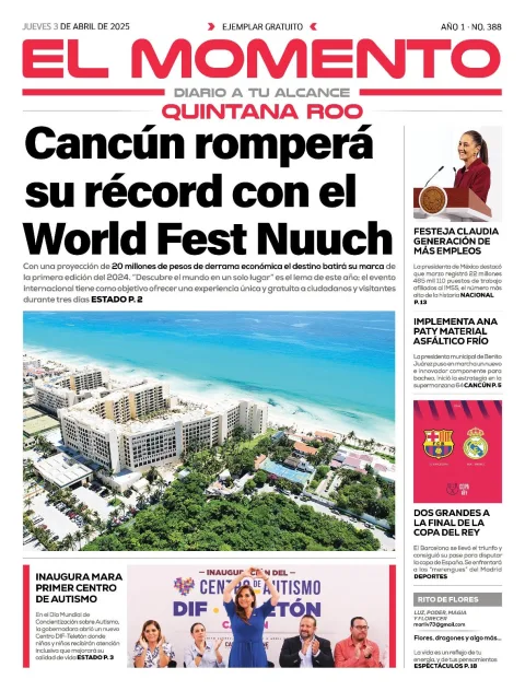 Portada de El Momento Quintana Roo del jueves, 3 de abril de 2025