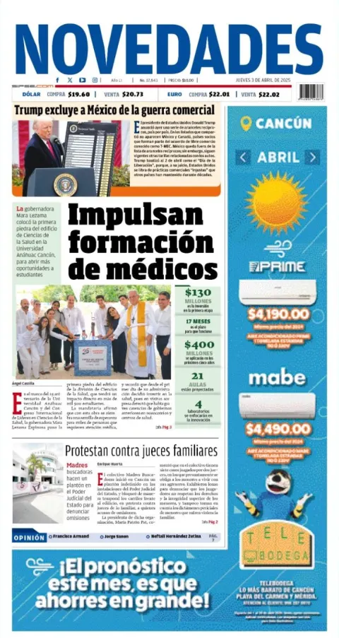 Portada de Novedades Quintana Roo del jueves, 3 de abril de 2025