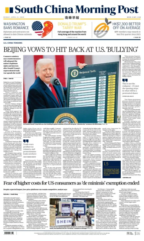 Portada de South China Morning Post del viernes, 4 de abril de 2025
