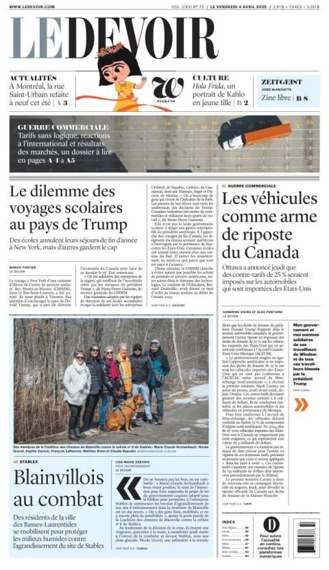 Portada de Le Devoir del viernes, 4 de abril de 2025