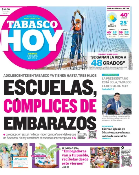 Portada de Tabasco Hoy del viernes, 4 de abril de 2025